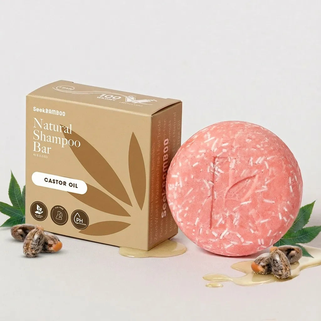 natural castor oil shampoo bar with packaging on a light background