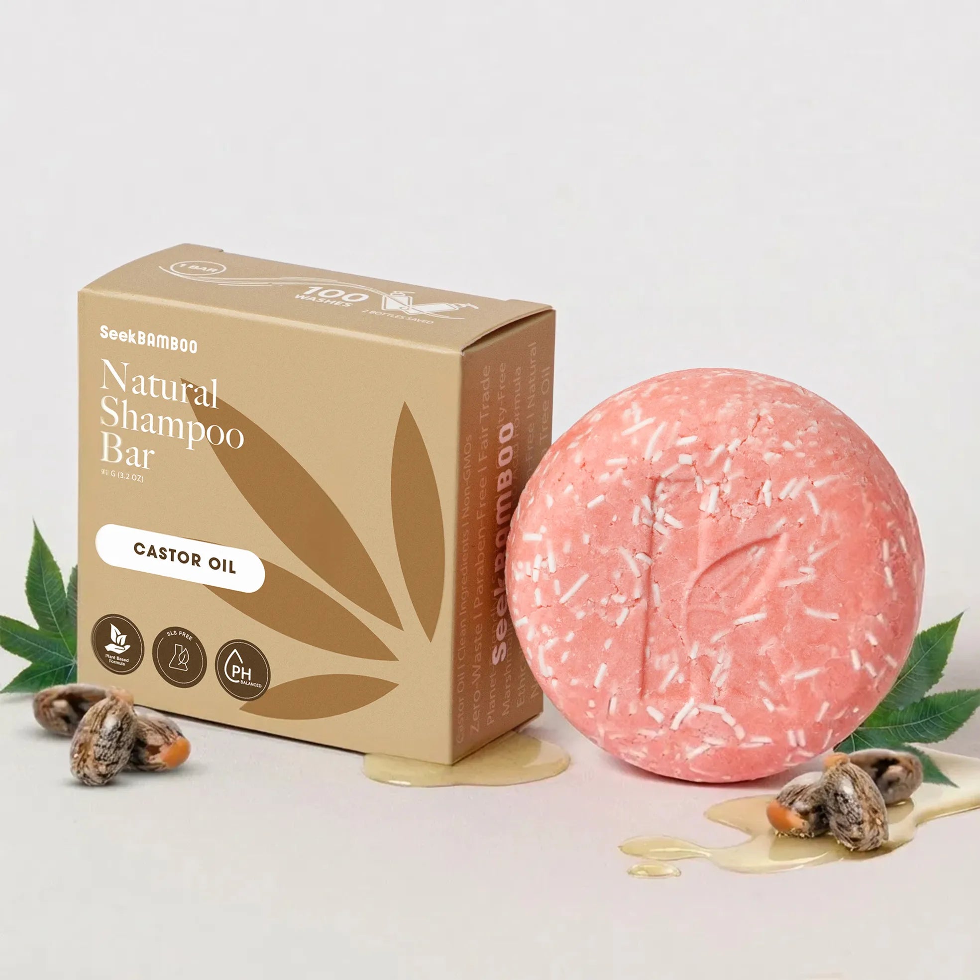natural castor oil shampoo bar with packaging on a light background
