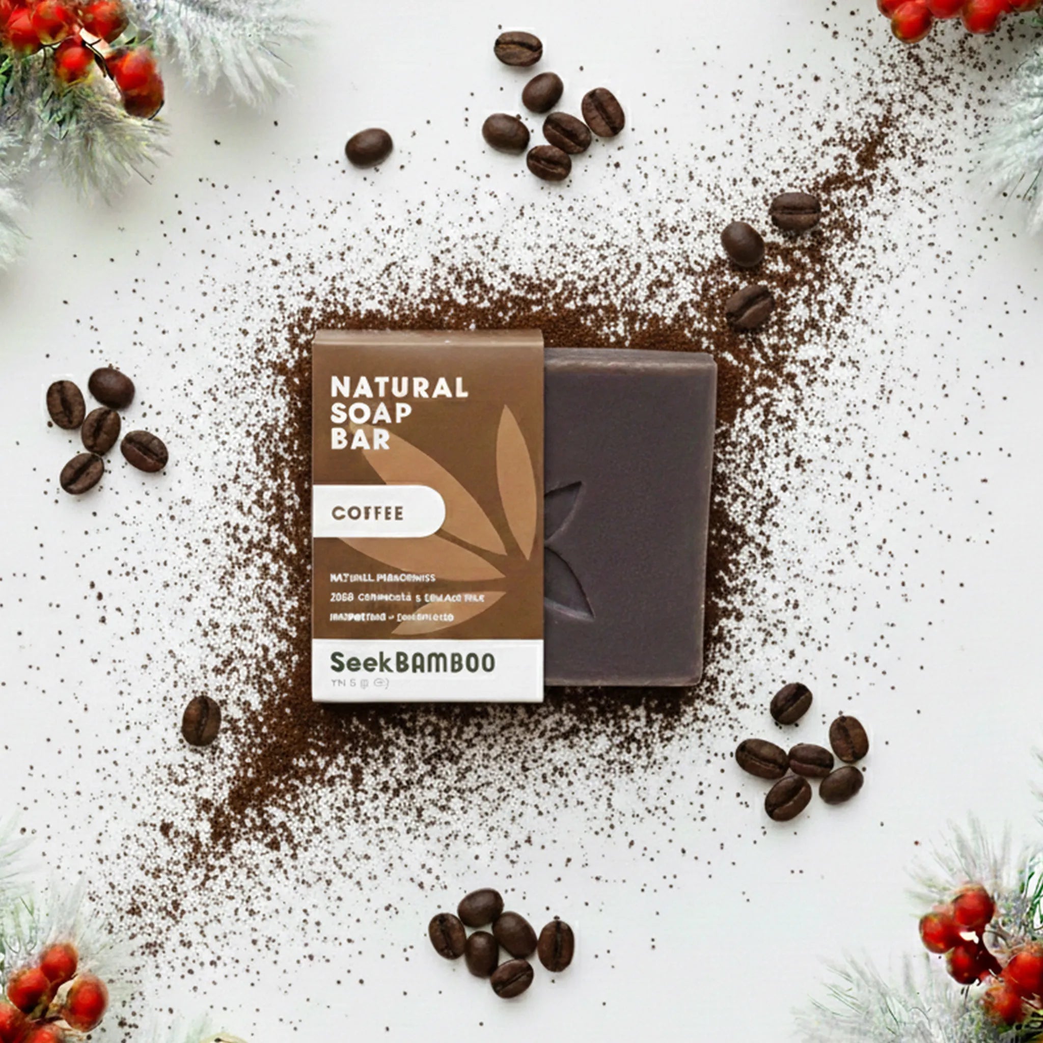 Natural soap bar with coffee scent on a white background with coffee beans and decorative elements.