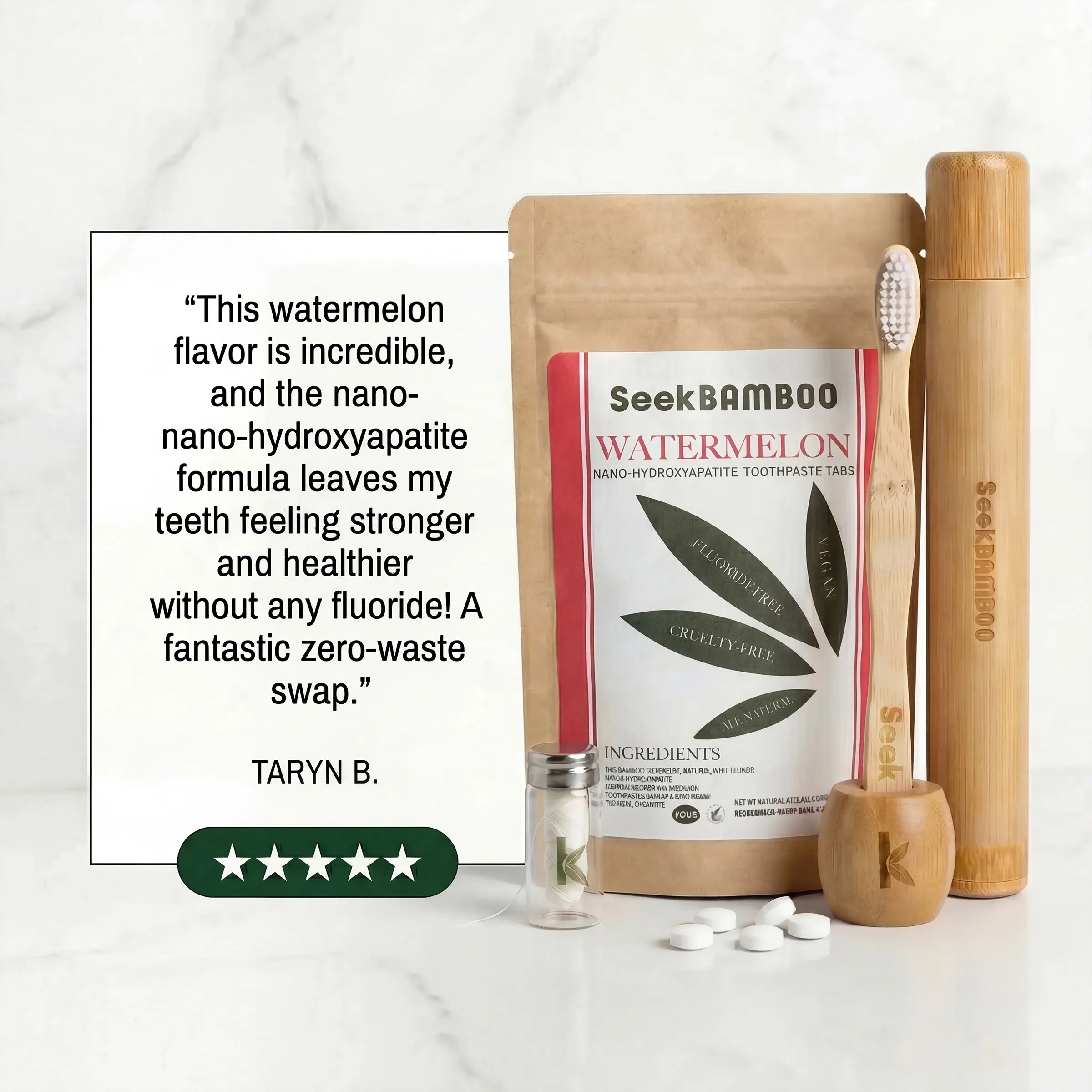 SeekBamboo watermelon-flavored toothpaste and bamboo toothbrush on a white background with a customer review.