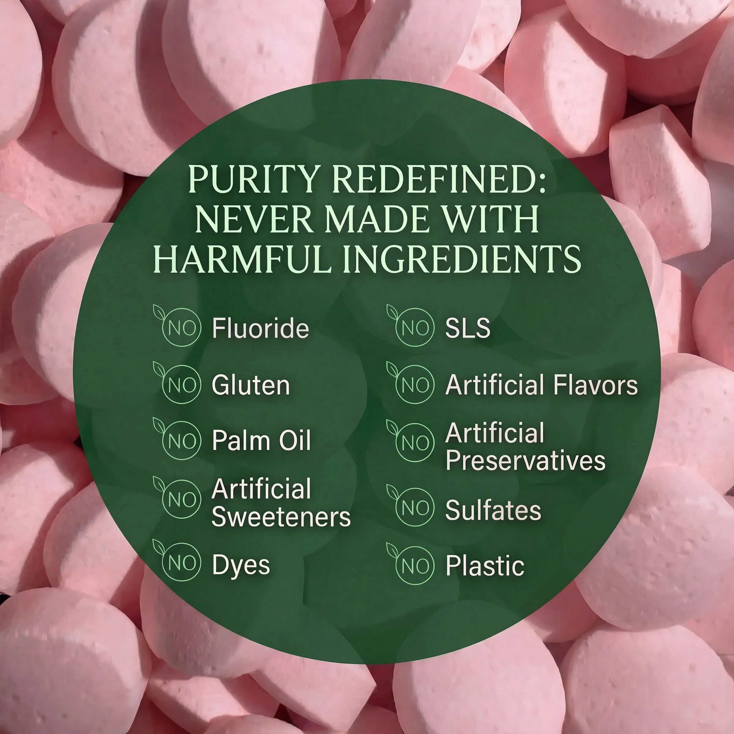 Pink tablets with a green circle listing ingredients and claims on a pink background
