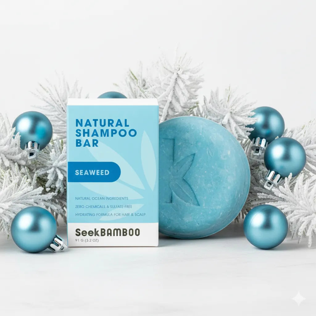 Natural seaweed shampoo bar with packaging labeled 'Seek Bamboo' on a white background with decorative elements.