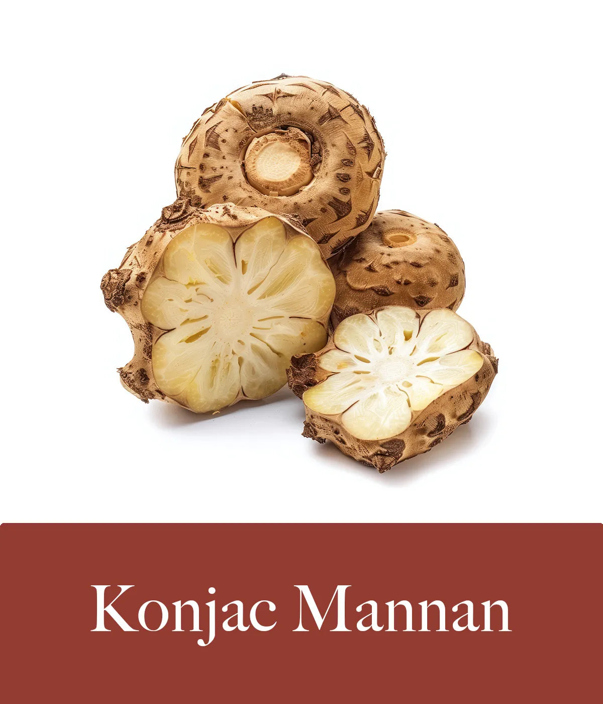 Konjac root with a white background and 'Konjac Mannan' text on a brown bar.