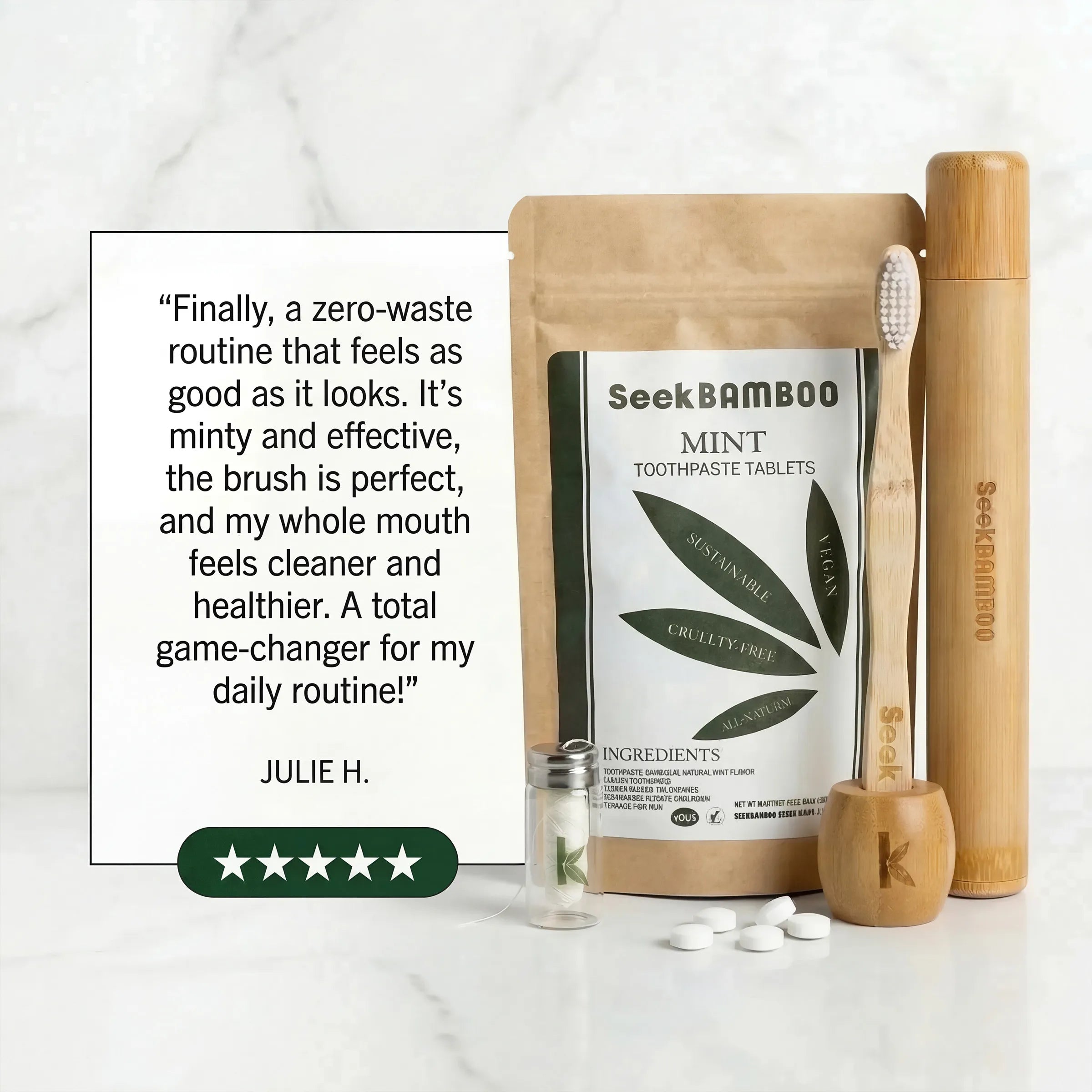 Seek Bamboo toothpaste tablets, brush, and packaging on a white background with a customer review.