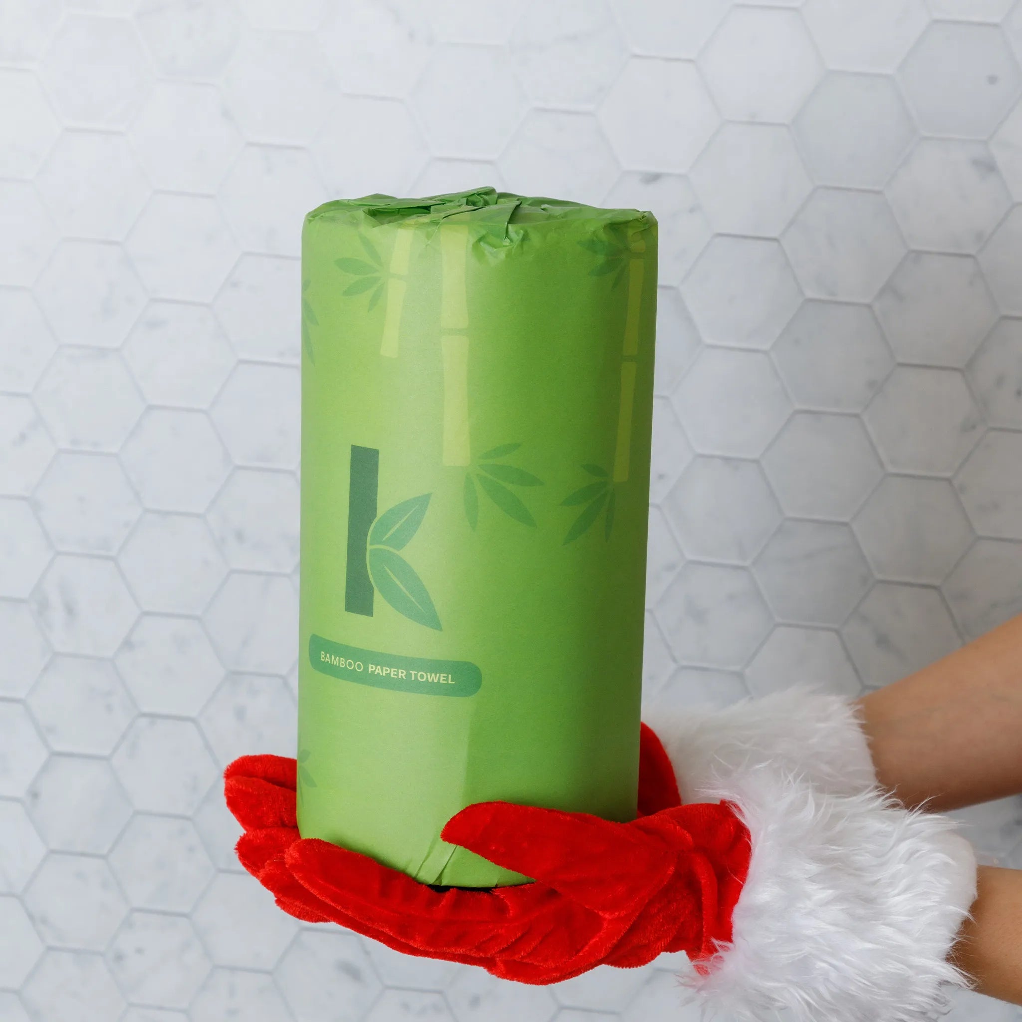 Seek Bamboo paper towels held with christmas gloves