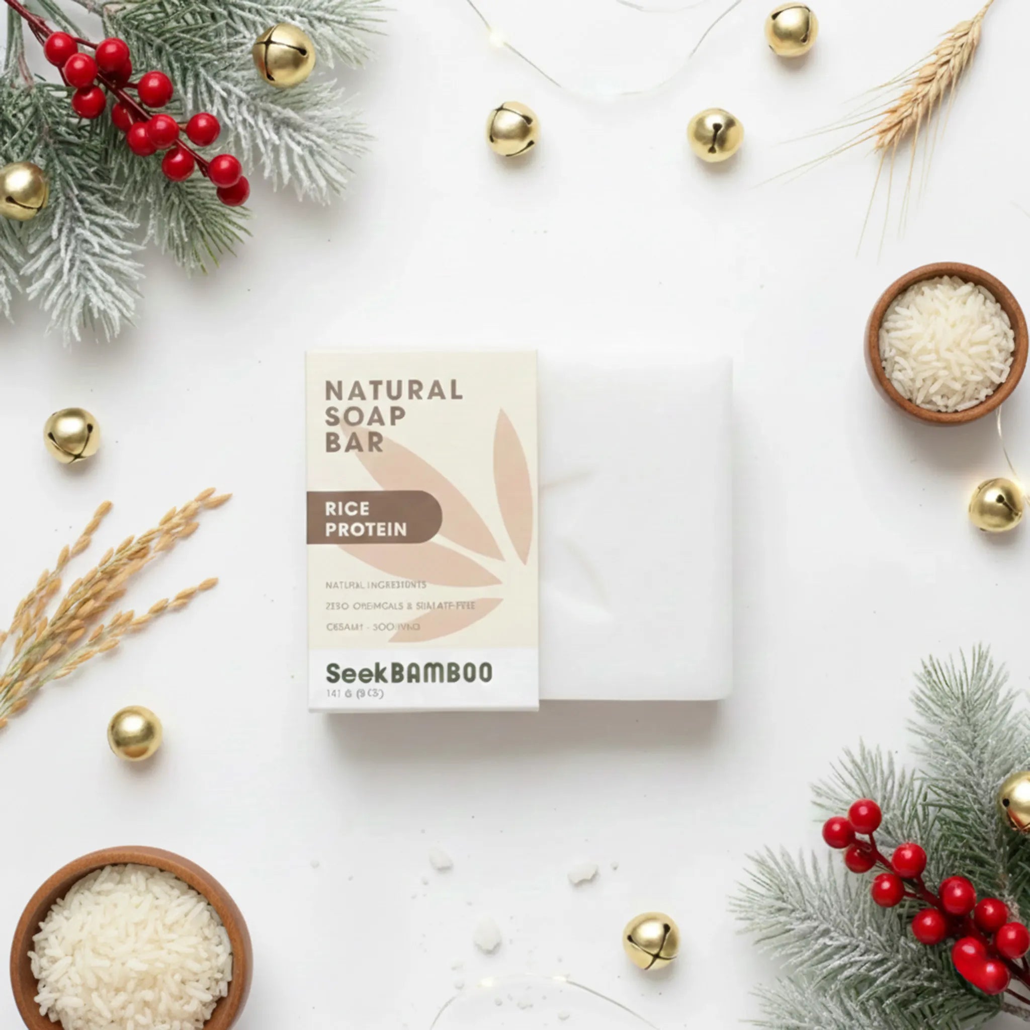 Seek Bamboo Rice Protein Natural Soap Bar with decorative elements on a white background