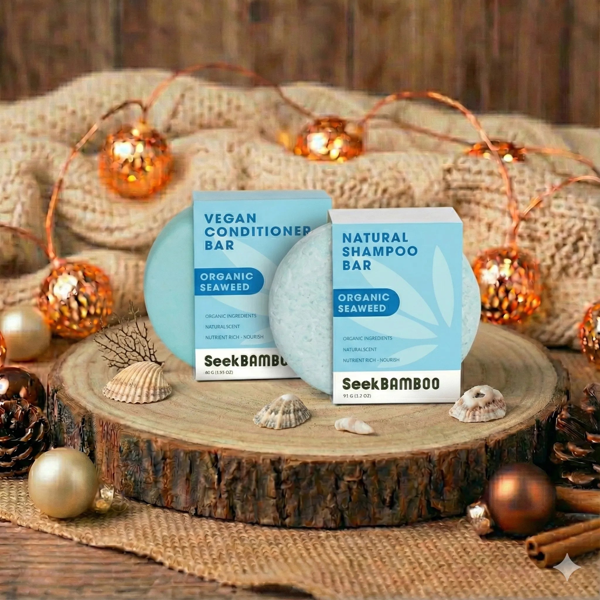 Seek Bamboo seaweed shampoo and conditioner bars on a wooden surface with decorative elements.