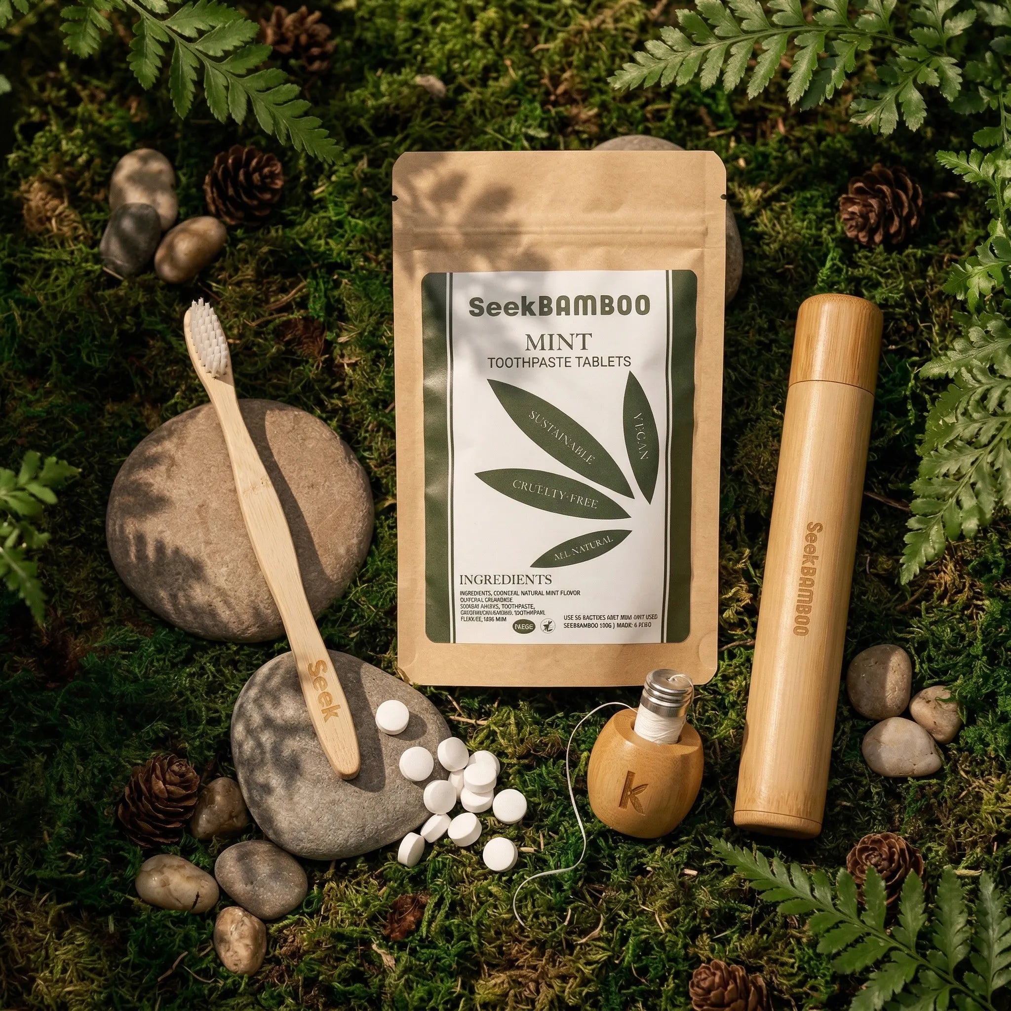 SeekBamboo dental care products on a natural background with bamboo toothbrush and tablets.