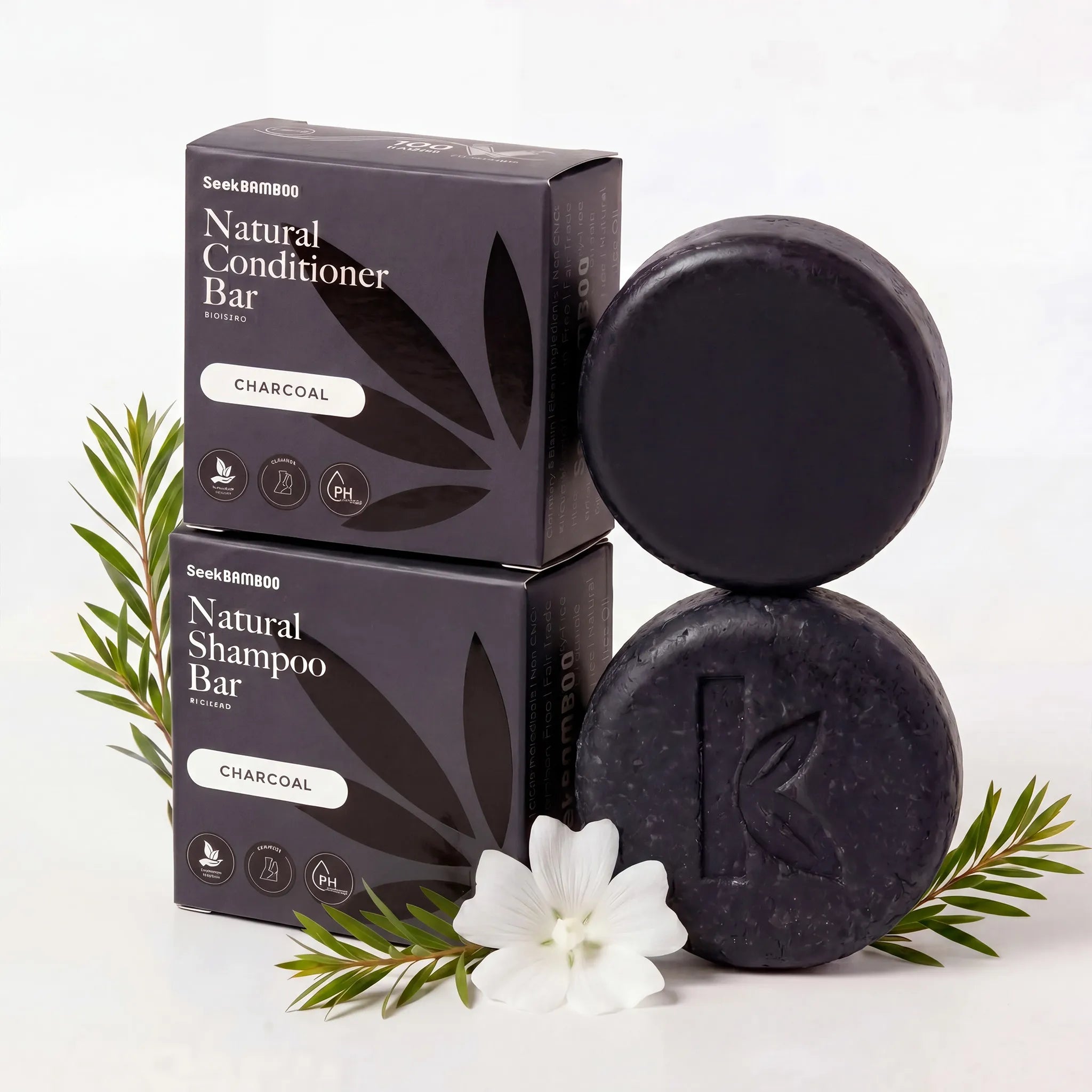 Clarifying shampoo and conditioner bars with their packaging on a white background as a main product image