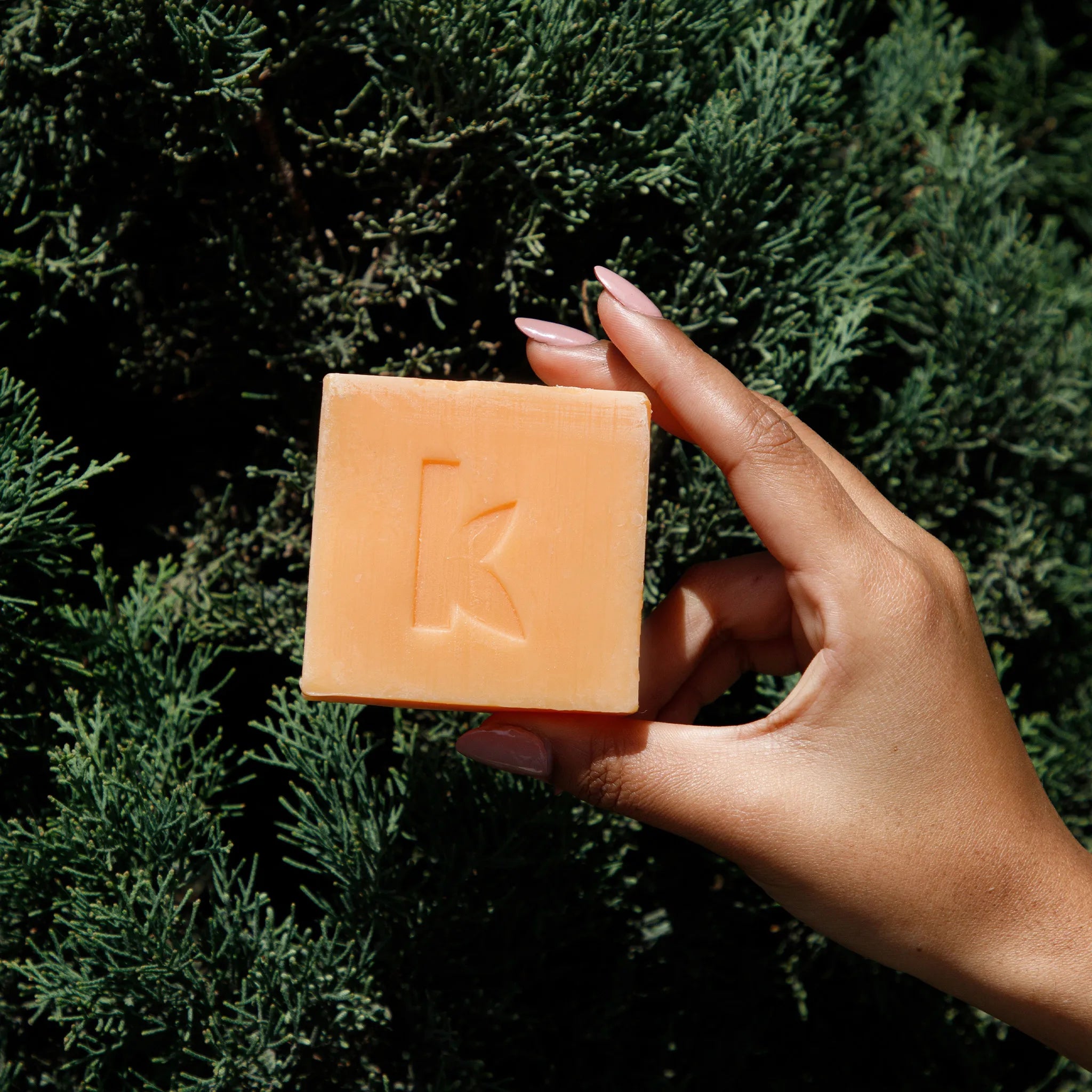 ginger soap bar held up with a natural backgorund
