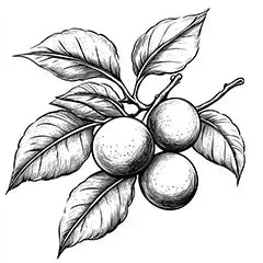 Black and white illustration of a branch with fruits and leaves