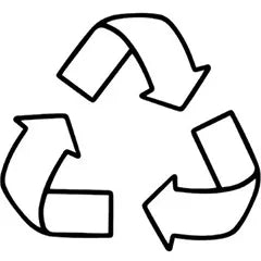 Recycling symbol with three curved arrows forming a ring.