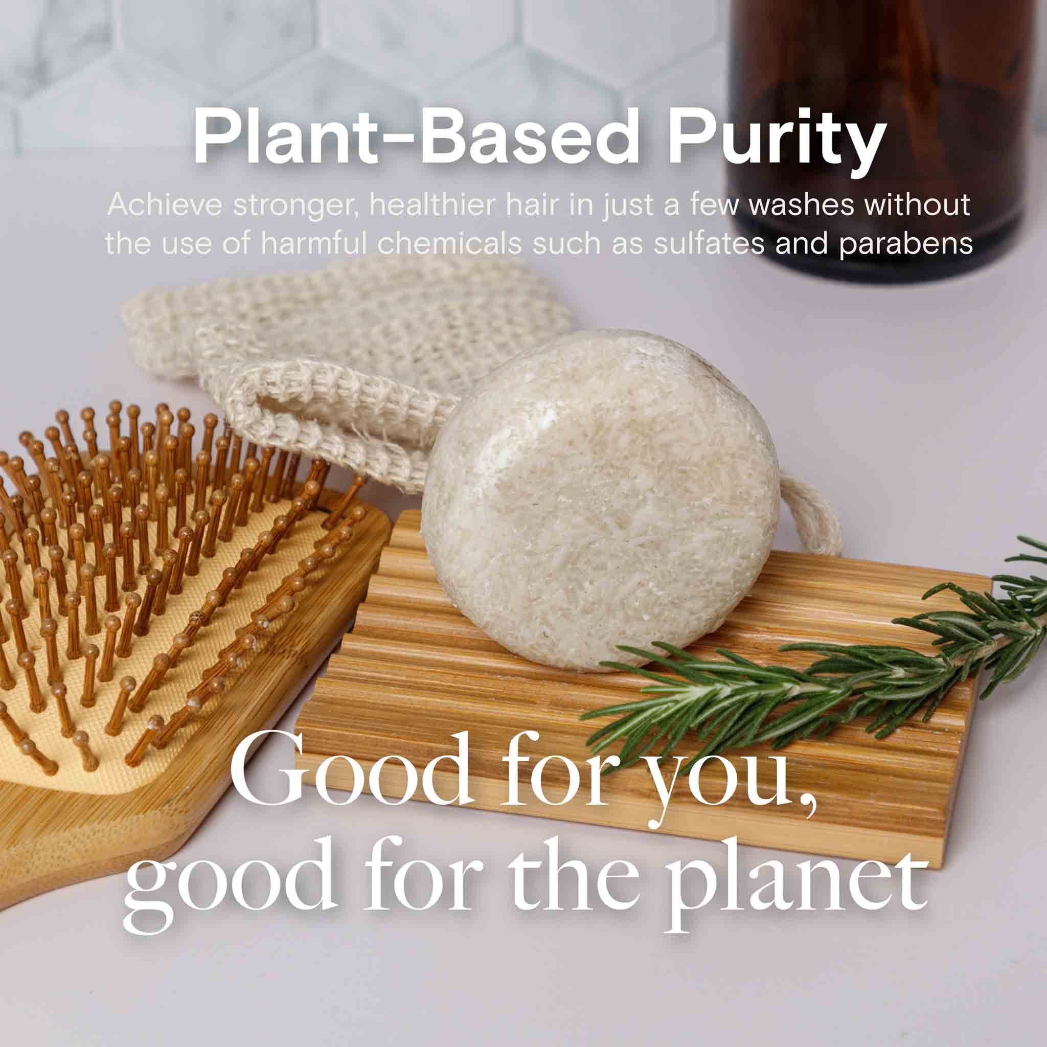 rosmeary shampoo standing up on a bamboo dish rack