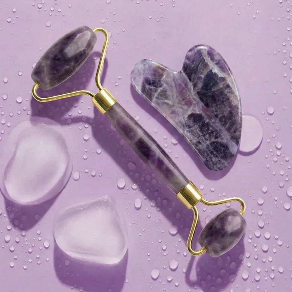 Amethyst Roller and Gua Sha Displayed on purple background