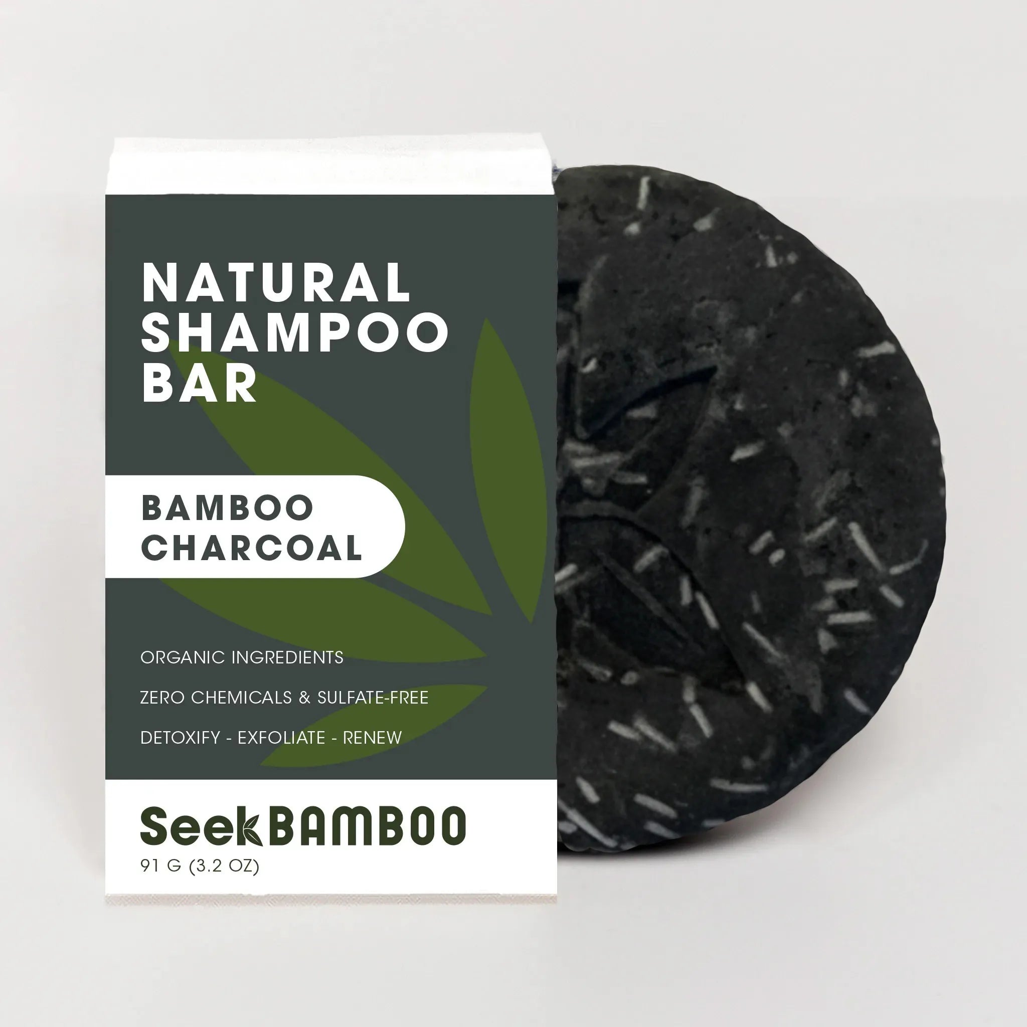 Seek Bamboo natural shampoo bar with packaging on a light gray background