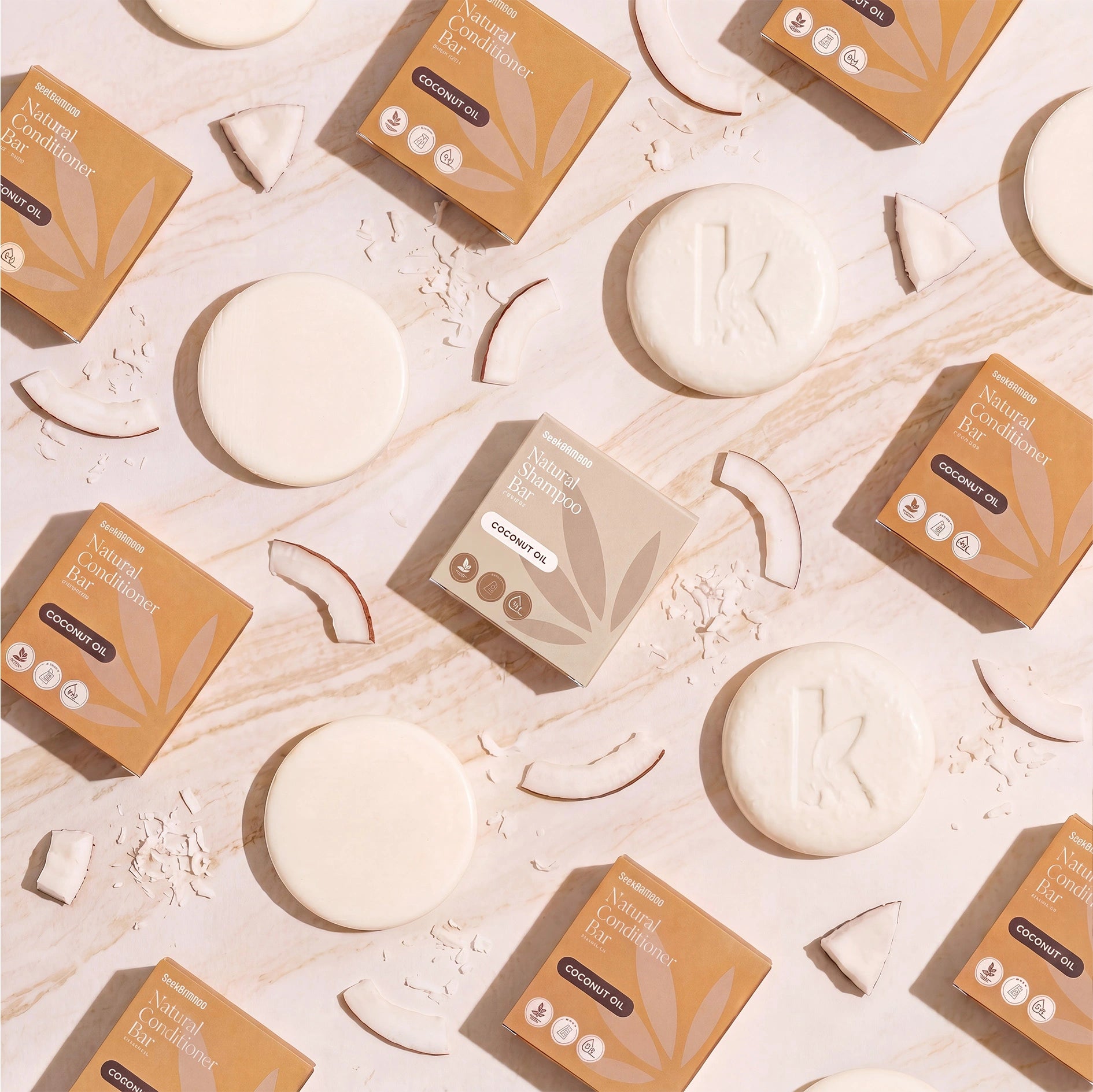 coconut shampoo and conditioner bars and brown packaging boxes on a light beige background