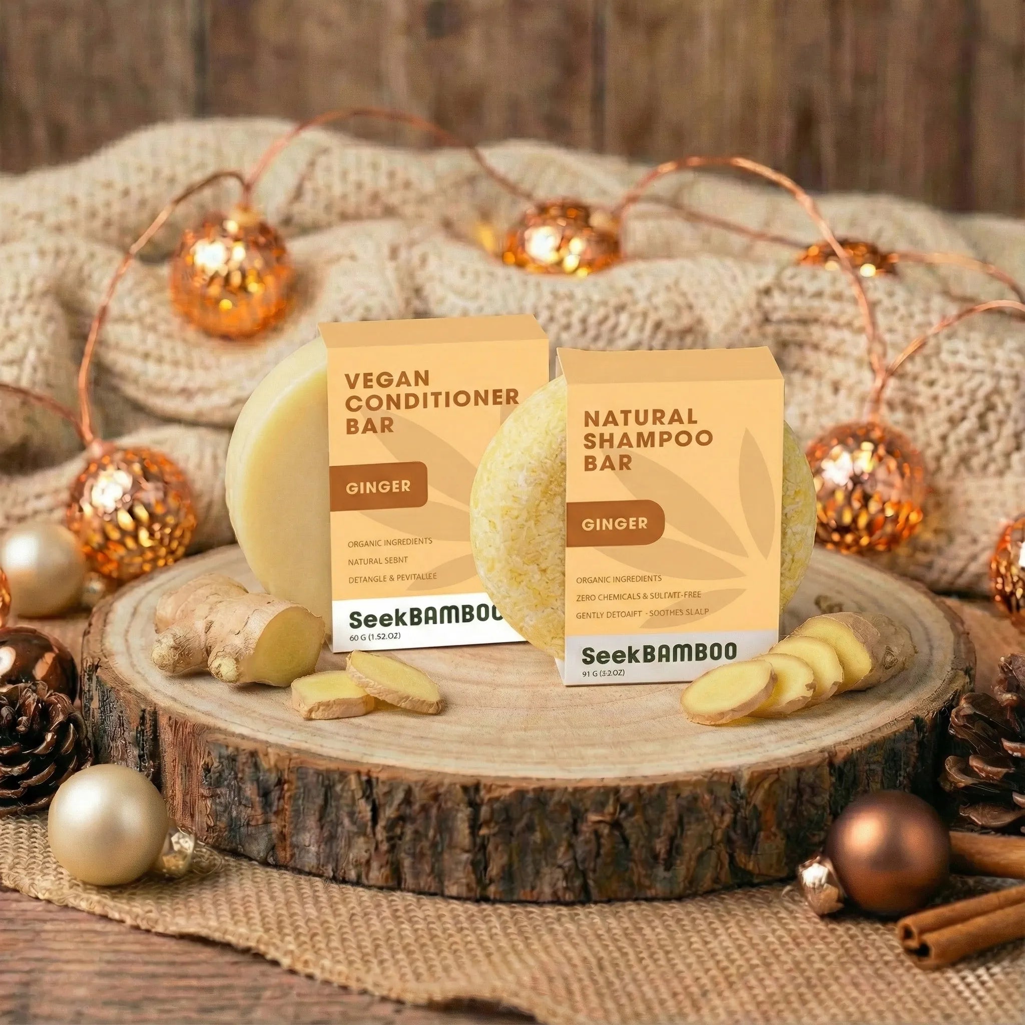SeekBamboo gigner conditioner and natural shampoo bars on a wooden surface with decorative lights and pinecones.