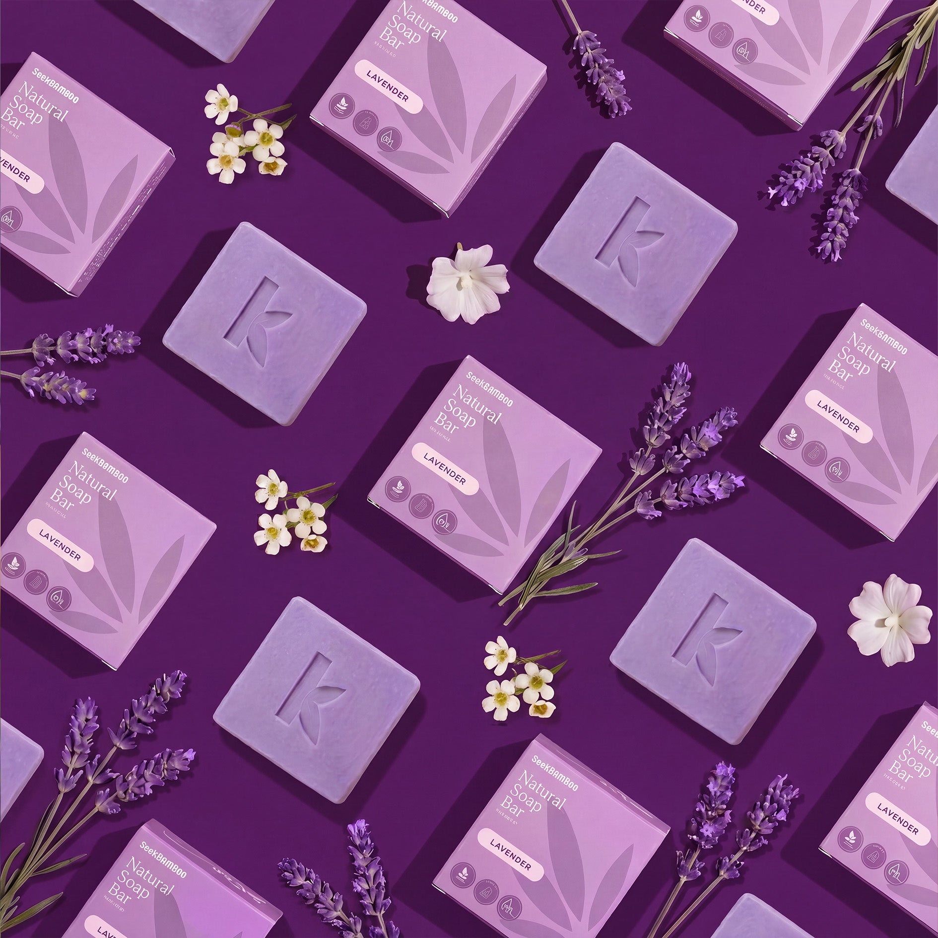 Laevdner soap bars with 'K' logo and lavender packaging on a purple background