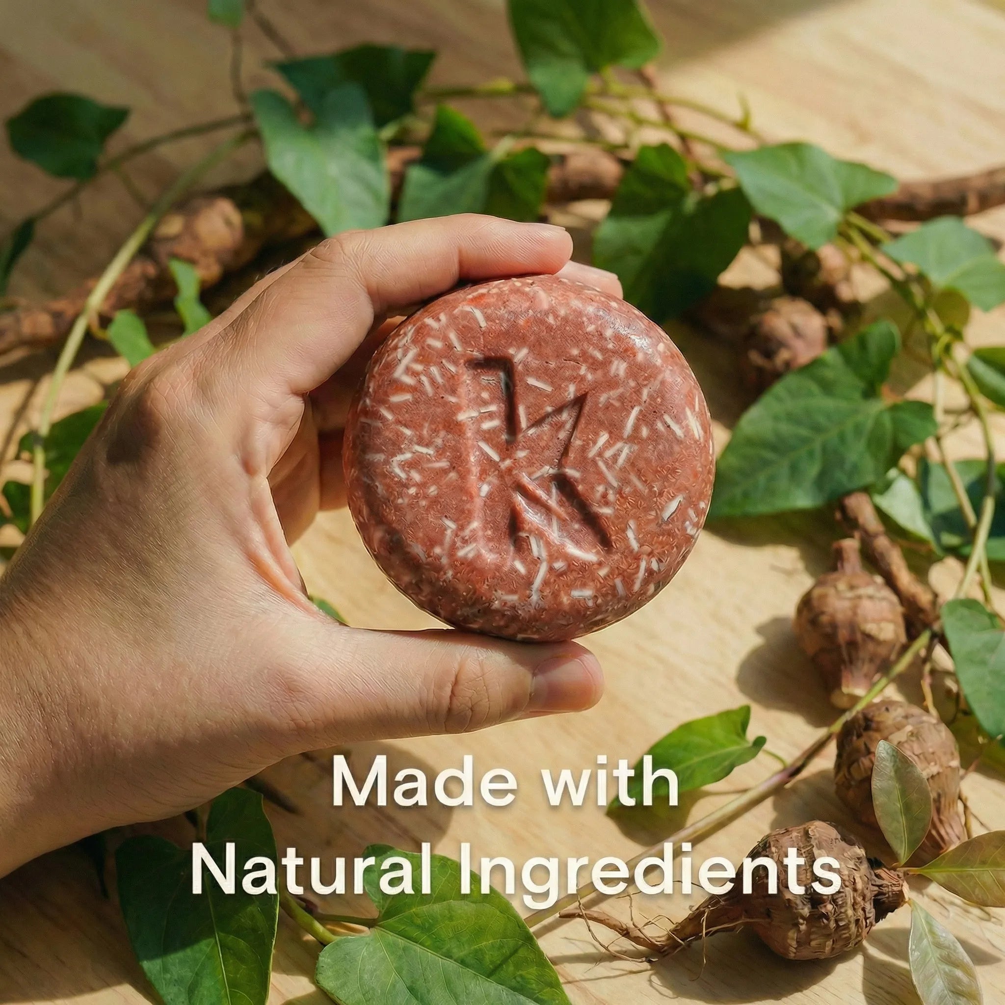Polygonum shampoo bar being held