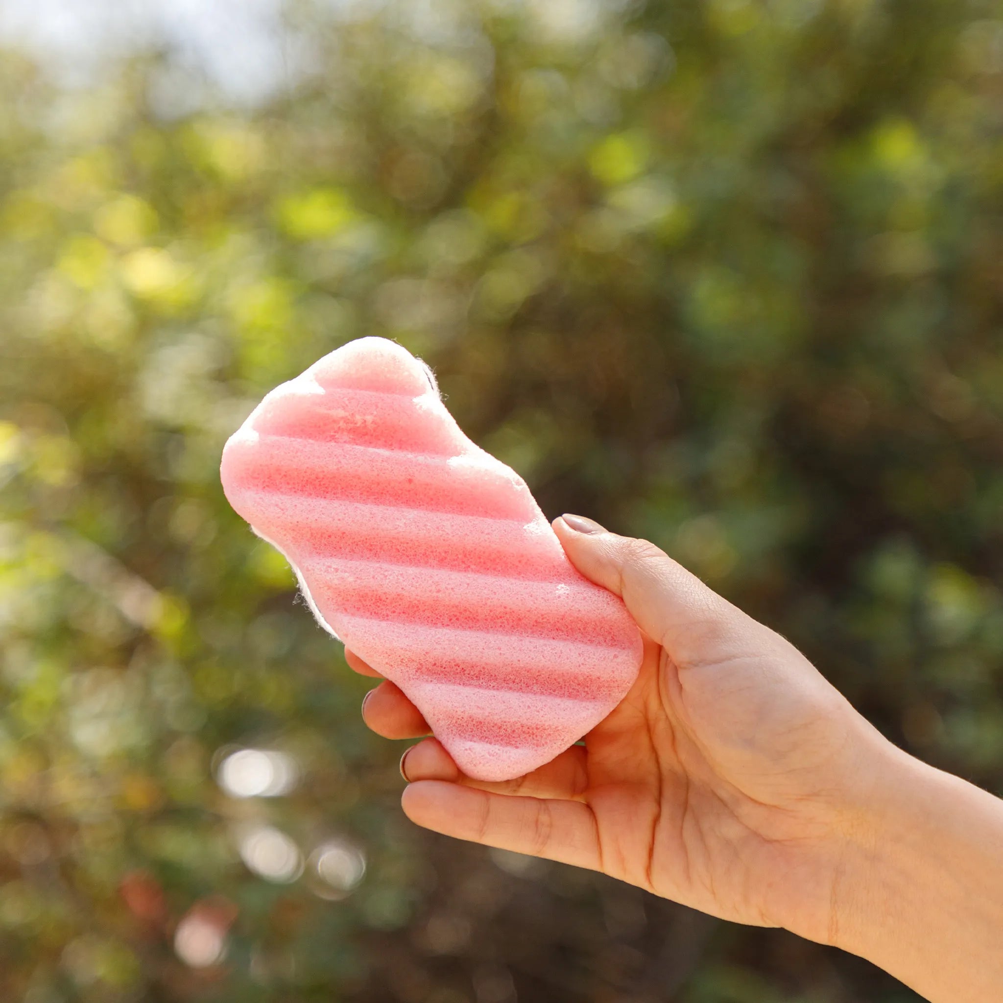 Hand holding a pink konjac sponge with a blurred green outdoor background