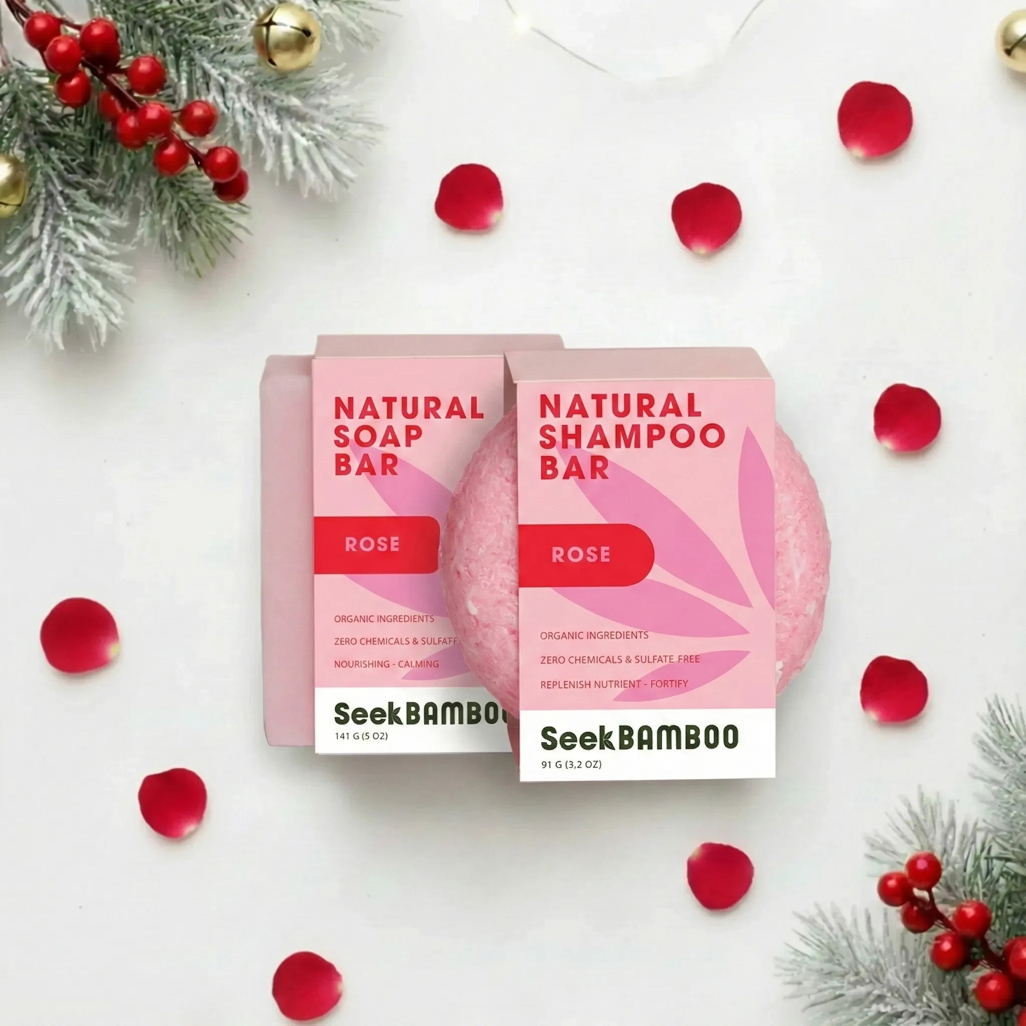 Two natural rose soap and shampoo bars with 'SeekBamboo' branding on a white background with decorative elements.