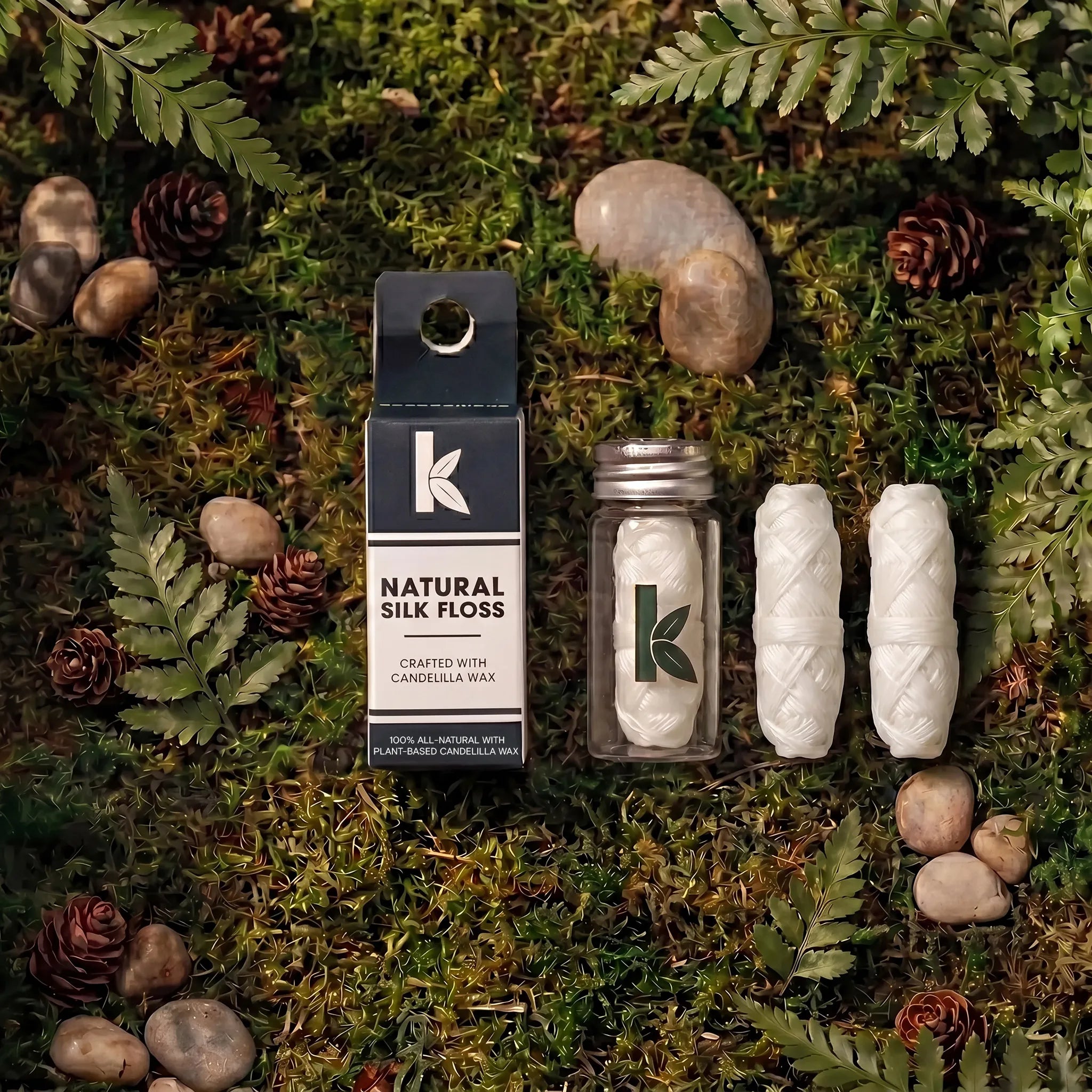Seek Bamboo Natural Silk Floss packaging on a natural background with leaves and stones