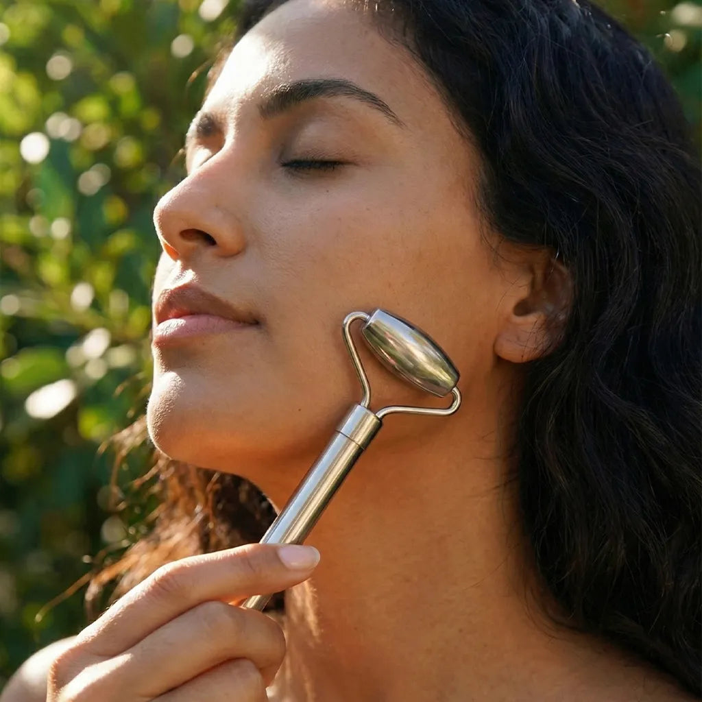 Woman using a skin care roller against her face with a natural background