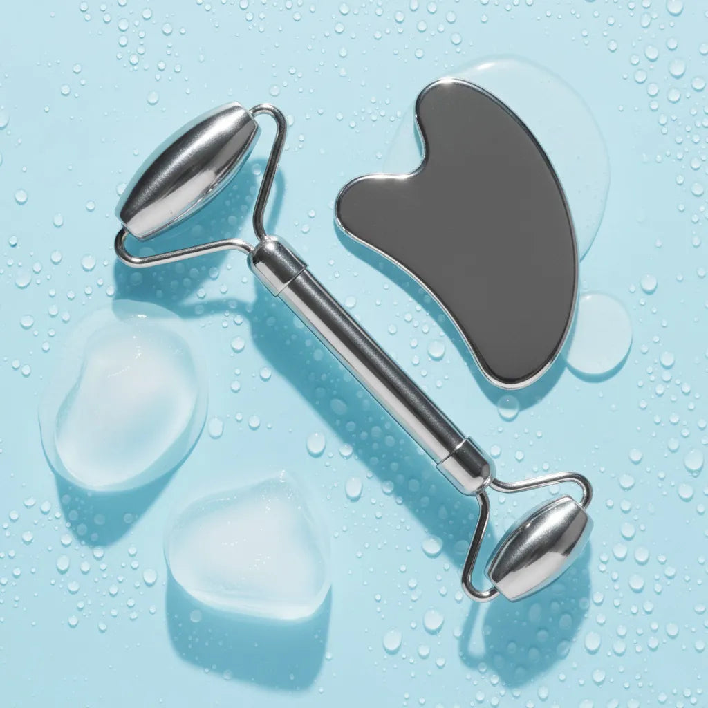 Skincare stainless steel set with roller and gua sha on a blue background