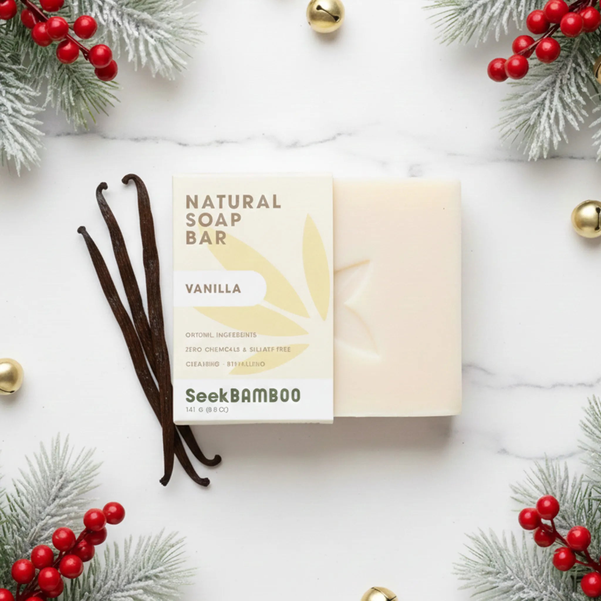 Natural soap bar with vanilla scent on a white background with Christmas decorations