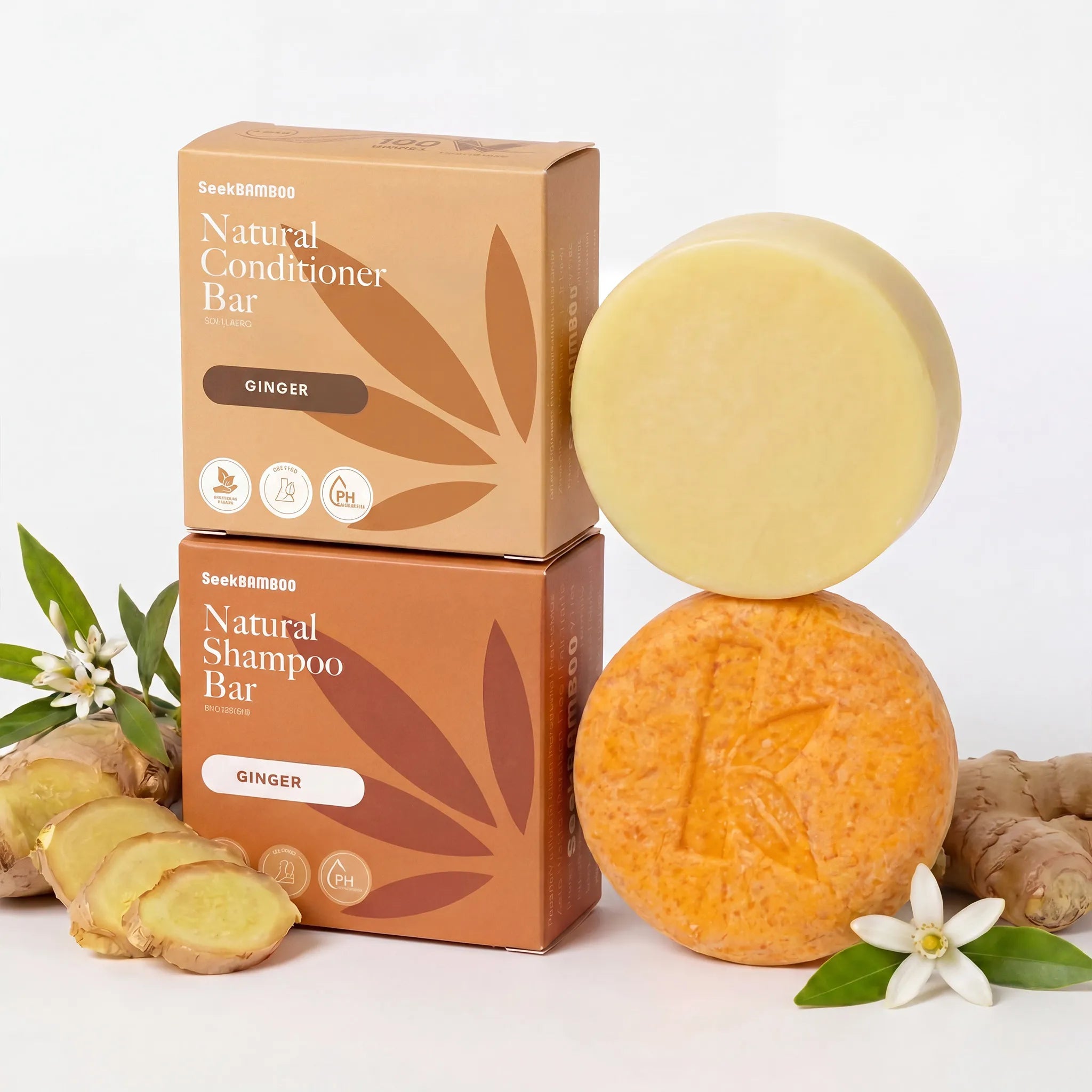clarifying shampoo and conditioner bars with their packaging on a white background, featuring ginger elements.