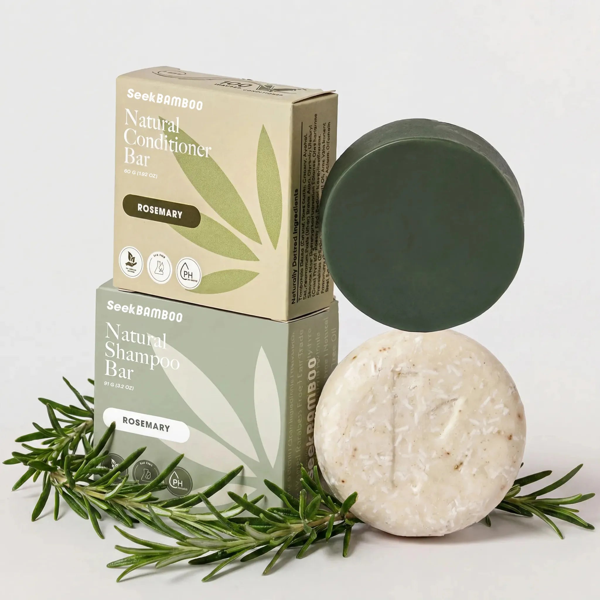 clarifying shampoo and conditioner with packaging and rosemary leaves on a light background as a main product image