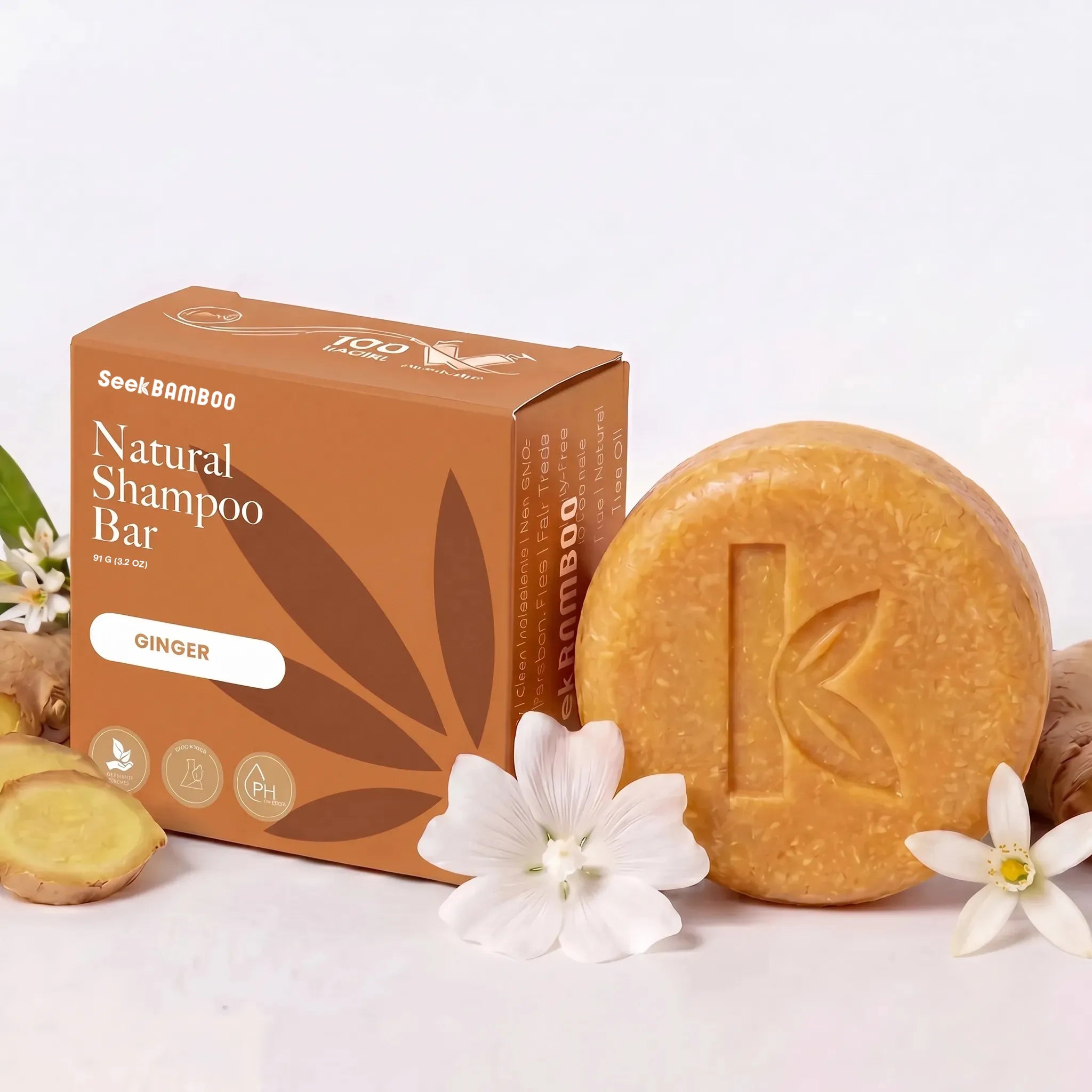 ginger natural shampoo bar for wavy hair with packaging on a white background