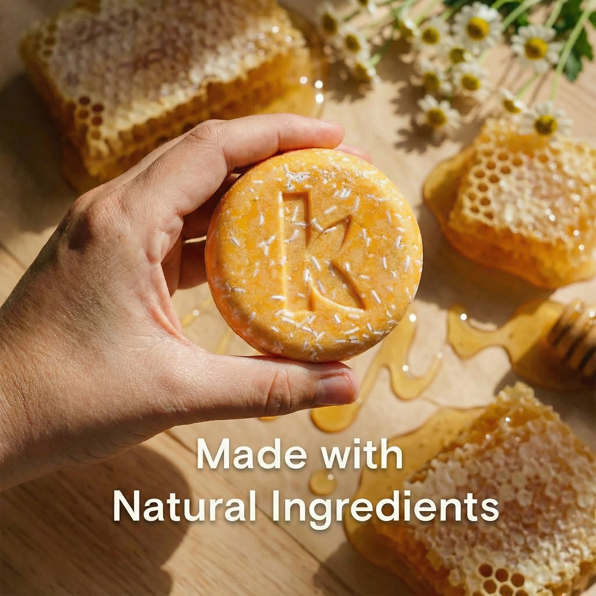 Hand holding a honey shampoo bar with honeycomb and flowers on a wooden surface, labeled 'Made with Natural Ingredients'.
