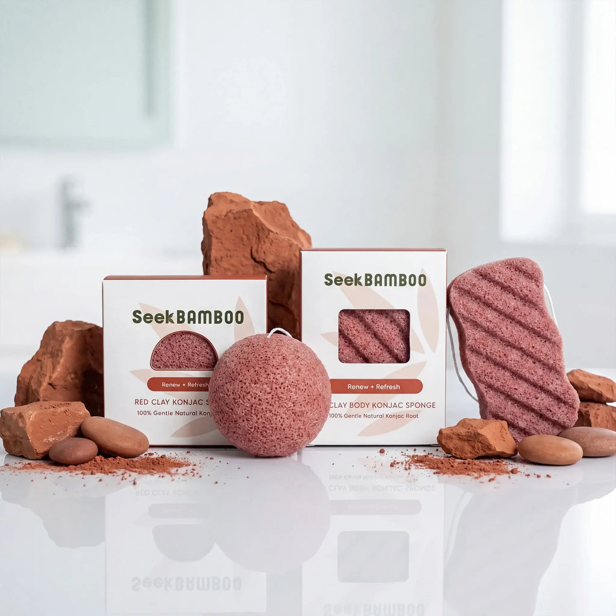 konjac sponges with red clay for face and body as a main product image