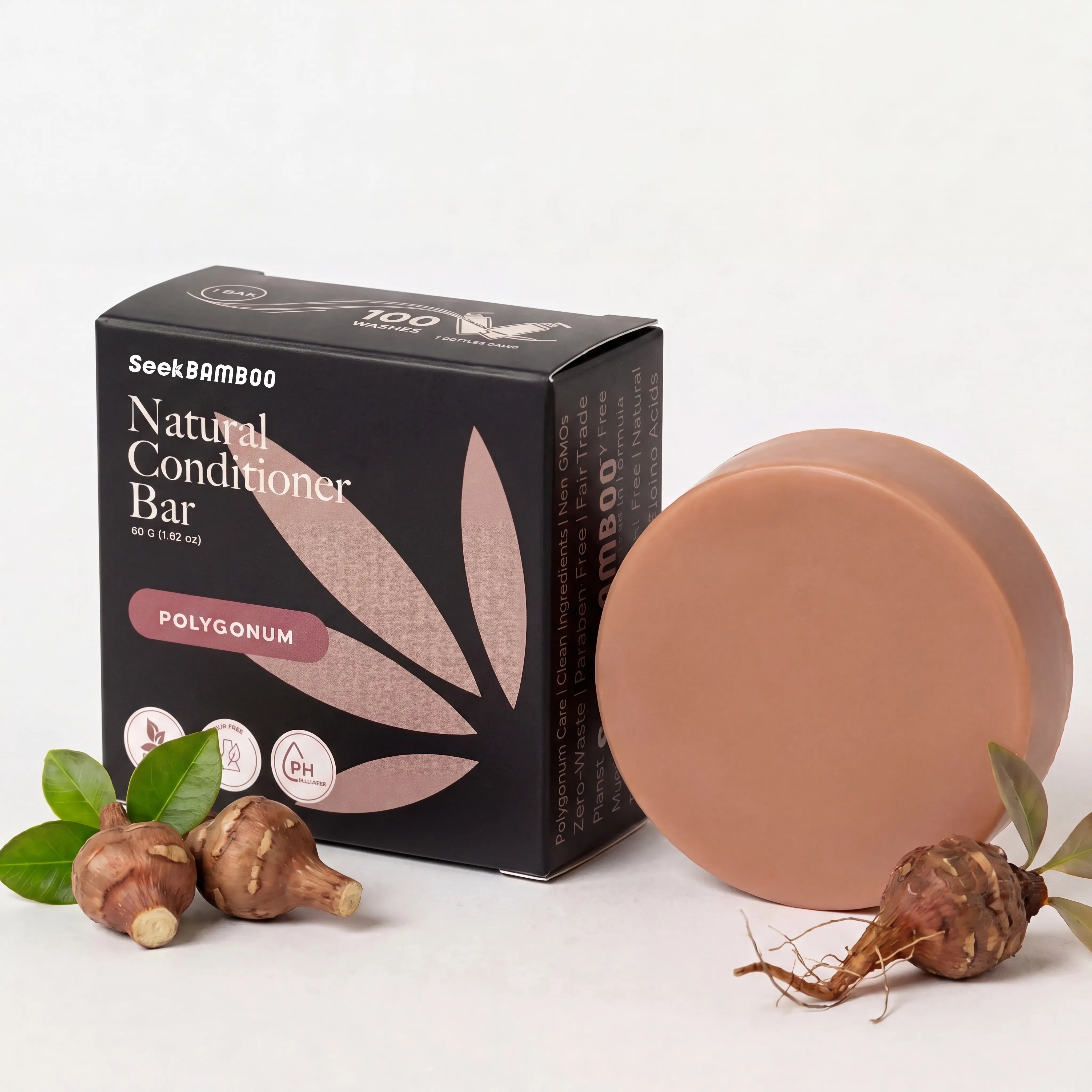SeekBamboo polygonum conditioner bar for gray hair, shown with its black packaging box, a round terracotta-colored conditioner bar, and natural bamboo root props on a clean white background.