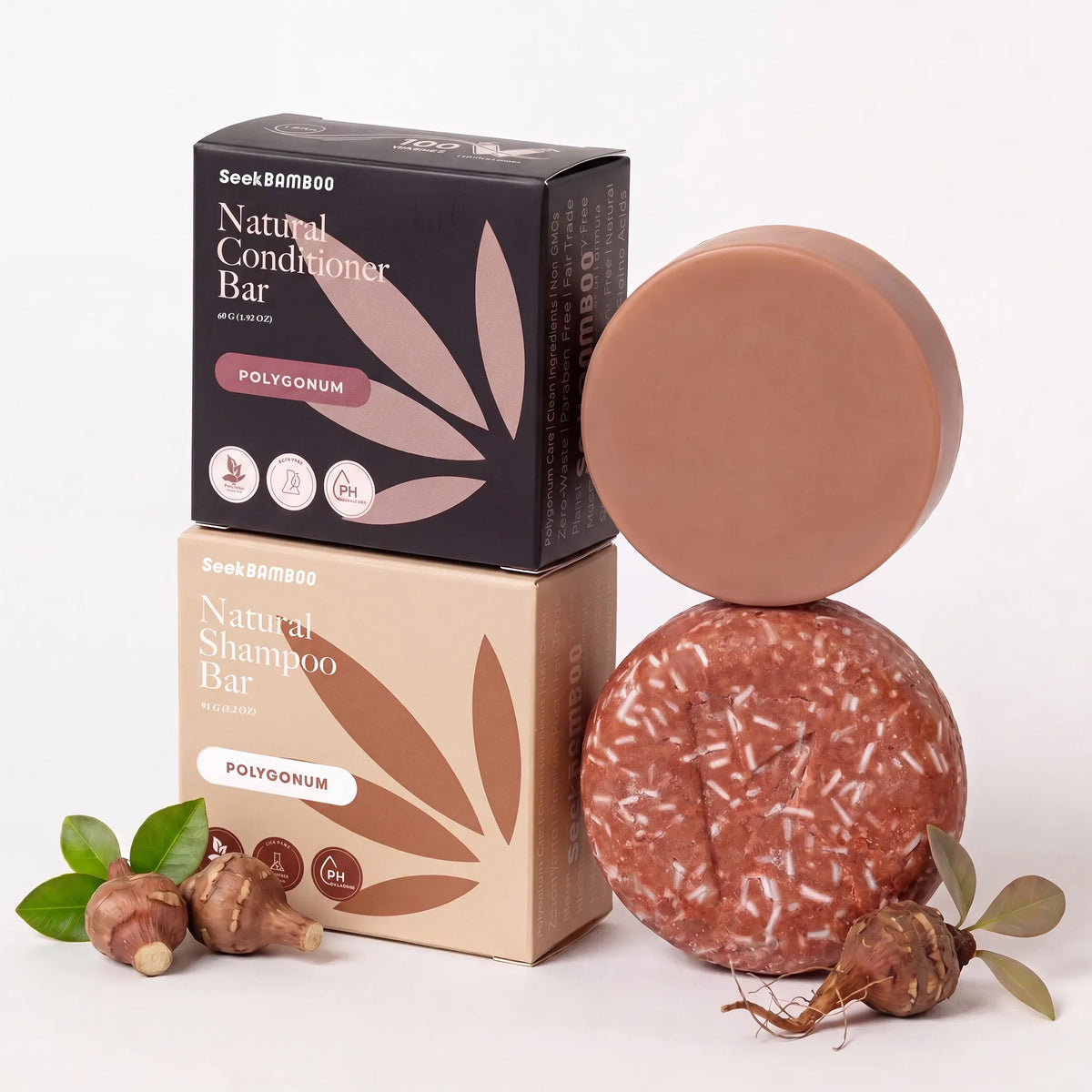 shampoo and conditioner bars in polygonum for gray hair. next to their paper packaging on a flat background