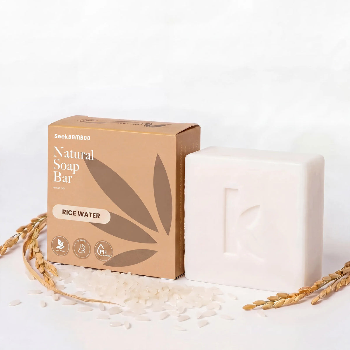 Seek Bamboo natural rice soap bar with packaging on a white background