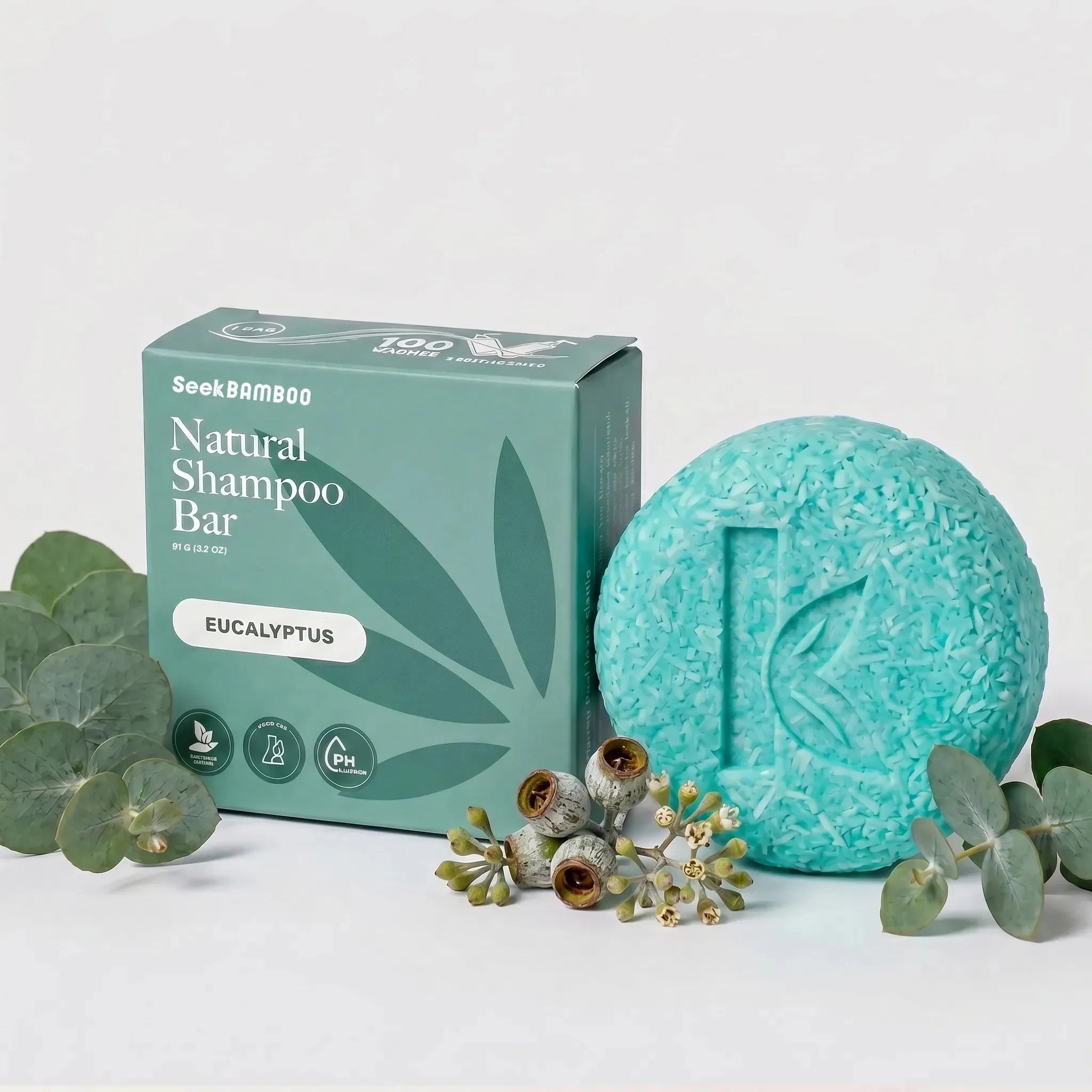 volume shampoo bar with eucalyptus leaves on a light gray background as a main product image