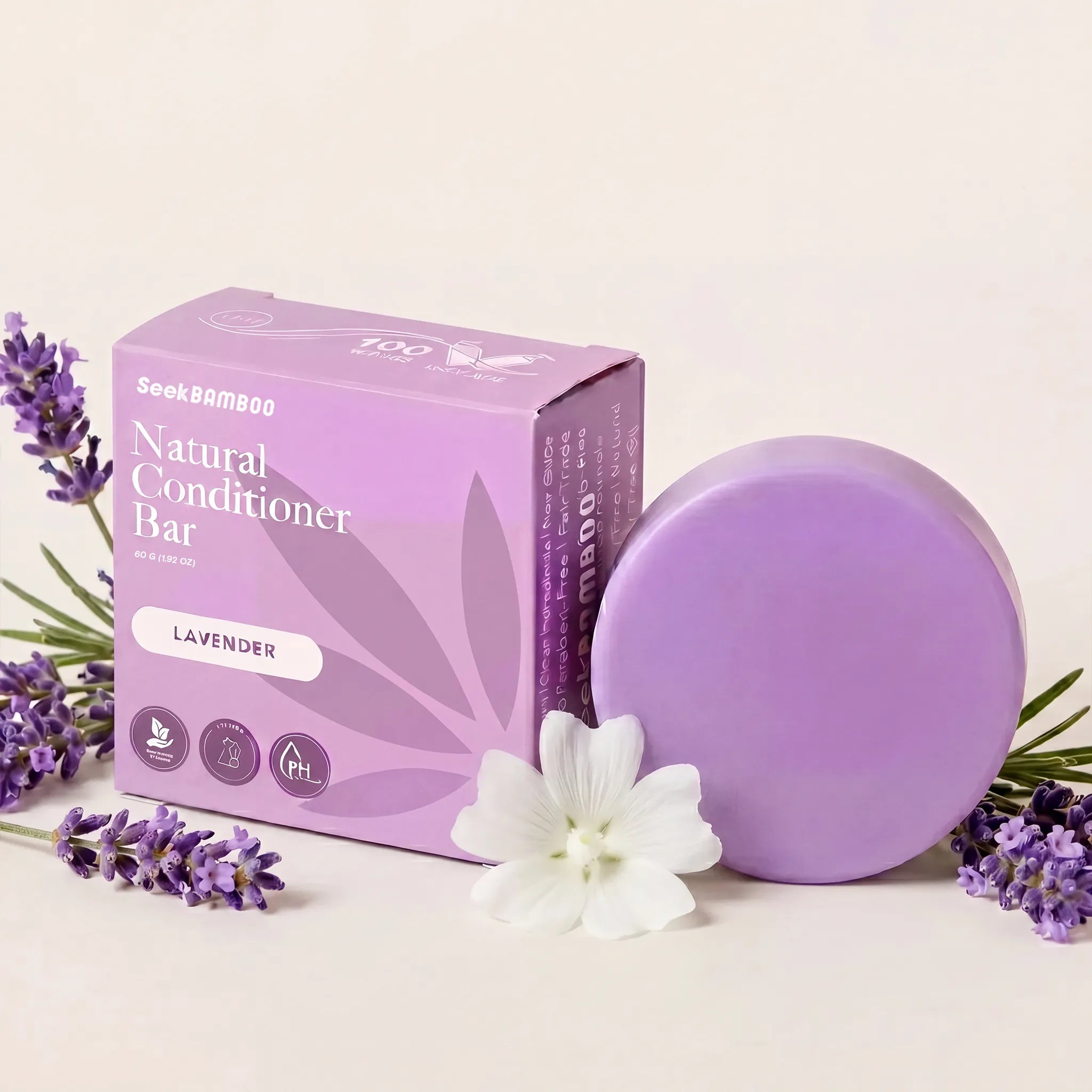 Volumizing conditioner bar with purple packaging and lavender flowers on a light background